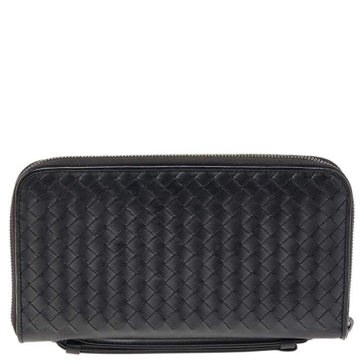 Pre Owned Bottega Veneta Black Intrecciato Leather Zip Around Wallet