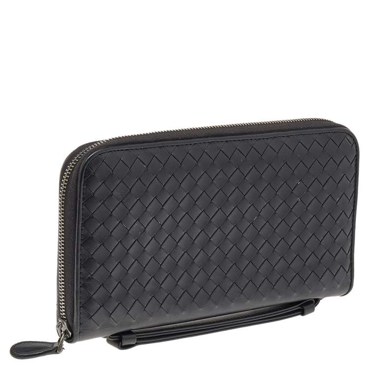 Pre Owned Bottega Veneta Black Intrecciato Leather Zip Around Wallet
