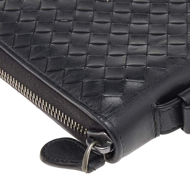Pre Owned Bottega Veneta Black Intrecciato Leather Zip Around Wallet