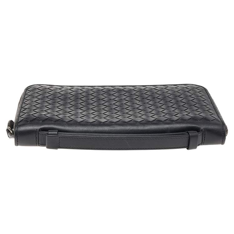 Pre Owned Bottega Veneta Black Intrecciato Leather Zip Around Wallet