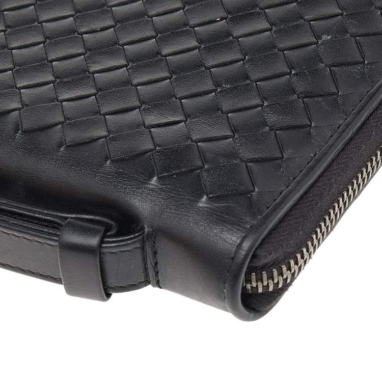 Pre Owned Bottega Veneta Black Intrecciato Leather Zip Around Wallet