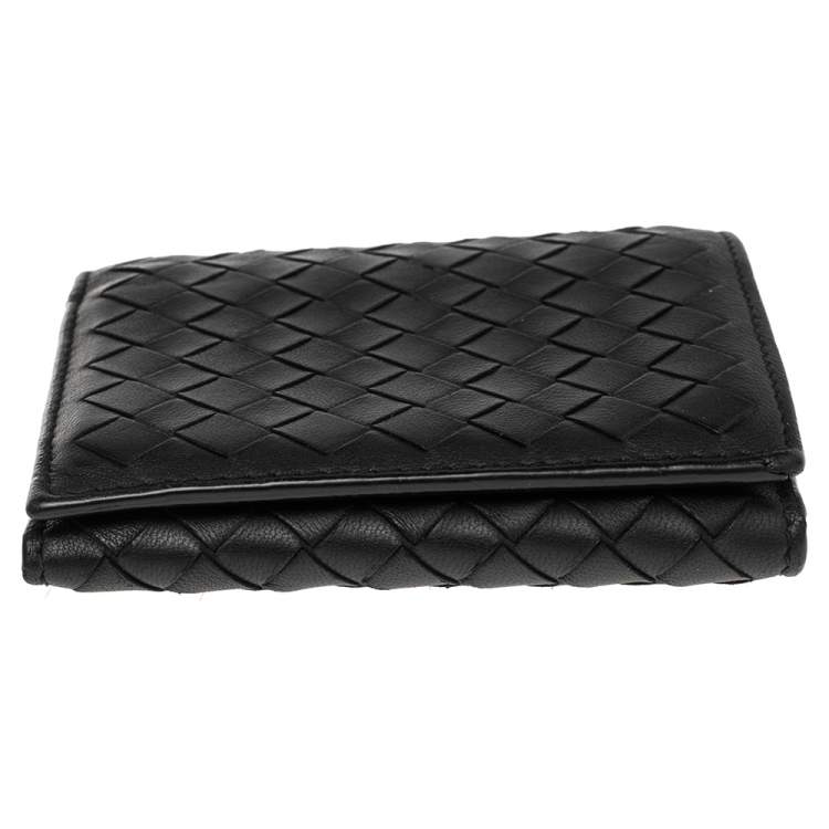 Pre Owned Bottega Veneta Black Intrecciato Leather Trifold Wallet