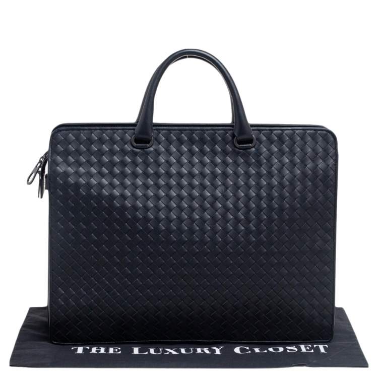 Pre Owned Bottega Veneta Black Intrecciato Leather Laptop Briefcase 