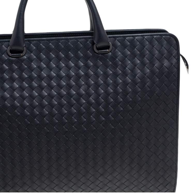 Pre Owned Bottega Veneta Black Intrecciato Leather Laptop Briefcase 