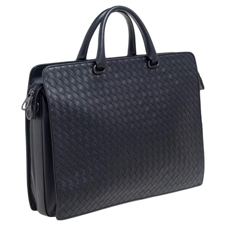 Pre Owned Bottega Veneta Black Intrecciato Leather Laptop Briefcase 