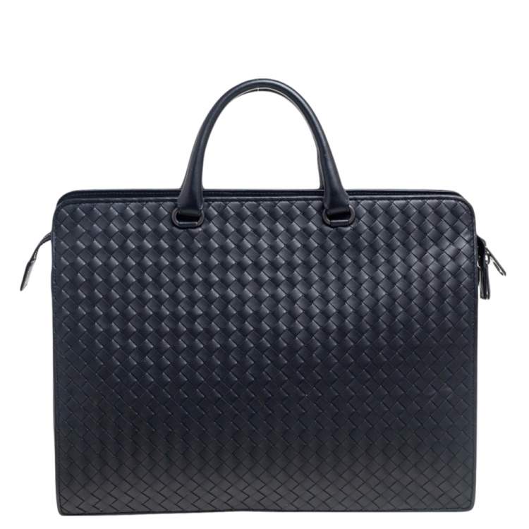 Pre Owned Bottega Veneta Black Intrecciato Leather Laptop Briefcase 