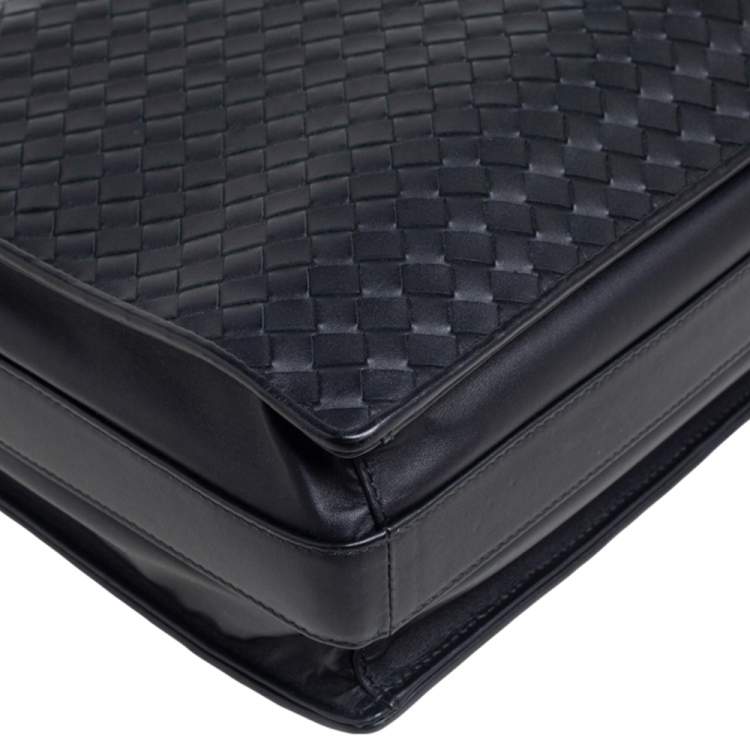 Pre Owned Bottega Veneta Black Intrecciato Leather Laptop Briefcase 