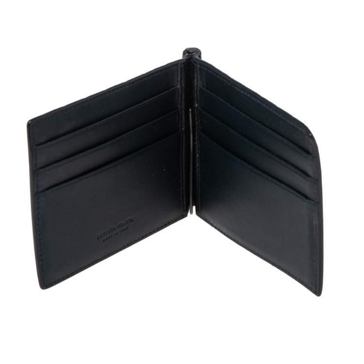 Pre Owned Bottega Veneta Navy Blue Intrecciato Leather Money Clip Bifold Wallet