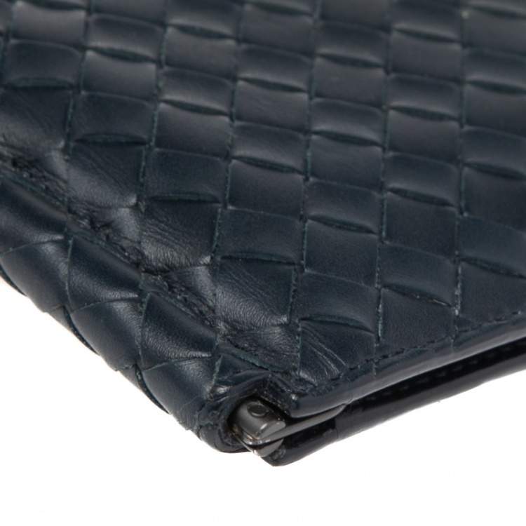 Pre Owned Bottega Veneta Navy Blue Intrecciato Leather Money Clip Bifold Wallet