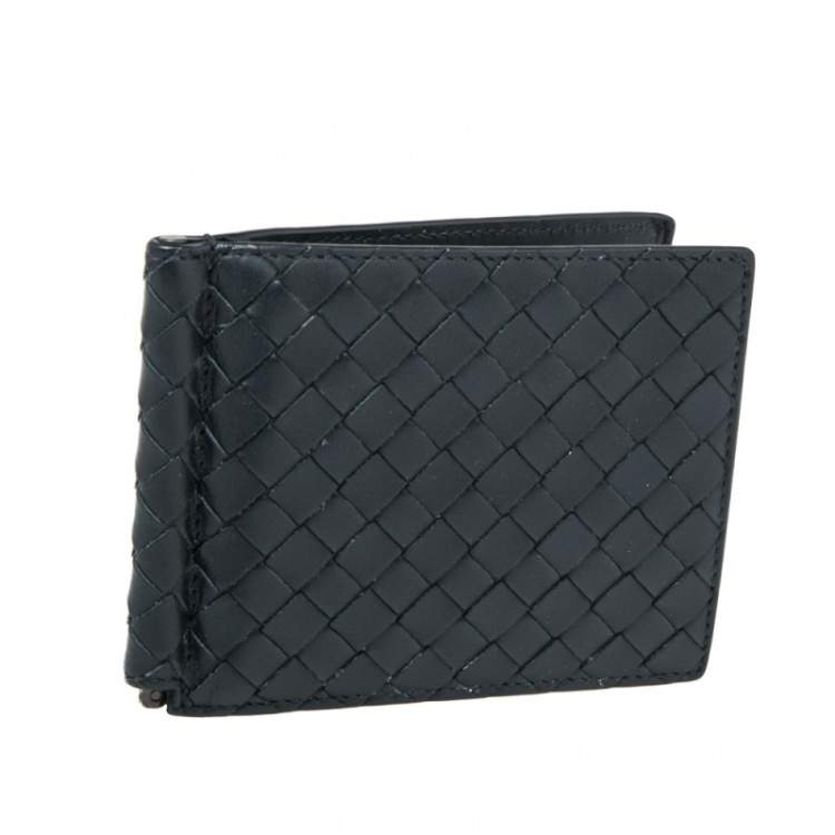 Pre Owned Bottega Veneta Navy Blue Intrecciato Leather Money Clip Bifold Wallet