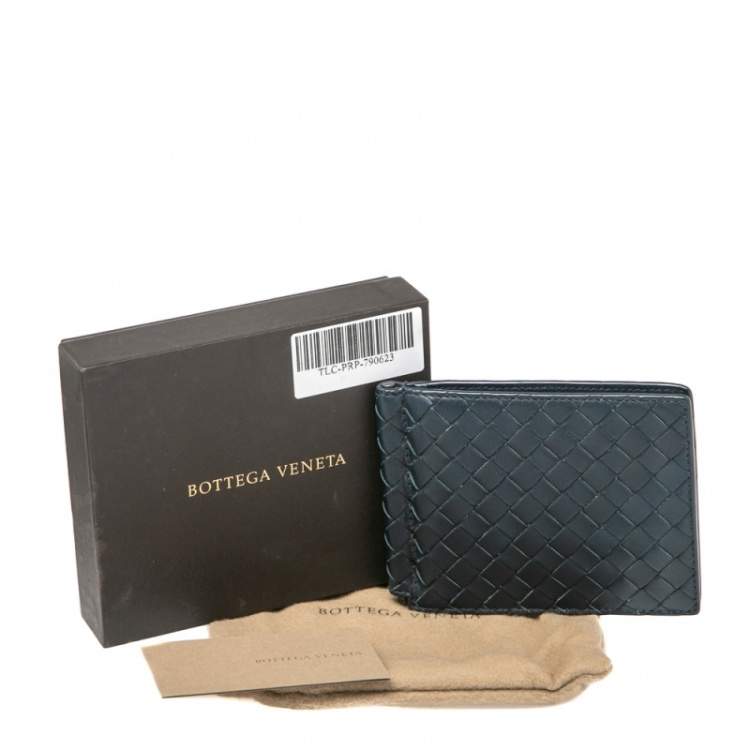 Pre Owned Bottega Veneta Navy Blue Intrecciato Leather Money Clip Bifold Wallet