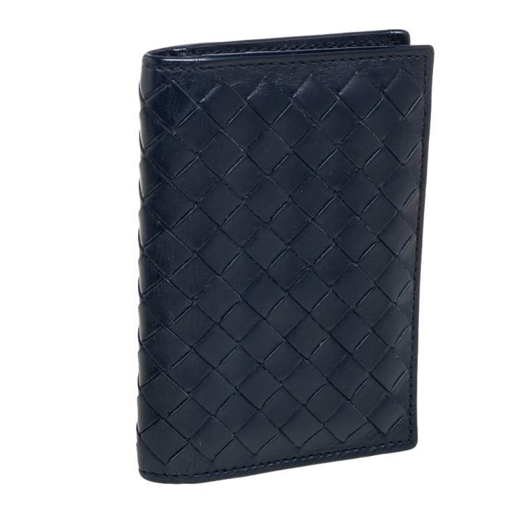 Pre Owned Bottega Veneta Navy Blue Intrecciato Leather Card Holder