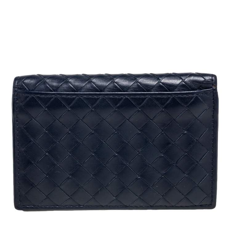 Pre Owned Bottega Veneta Navy Blue Intrecciato Leather Card Holder