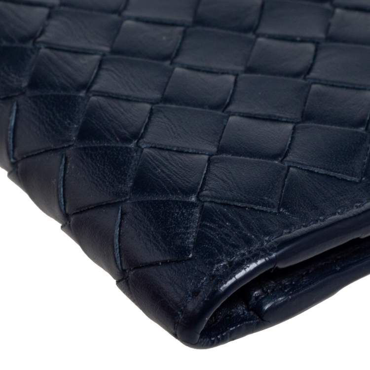 Pre Owned Bottega Veneta Navy Blue Intrecciato Leather Card Holder