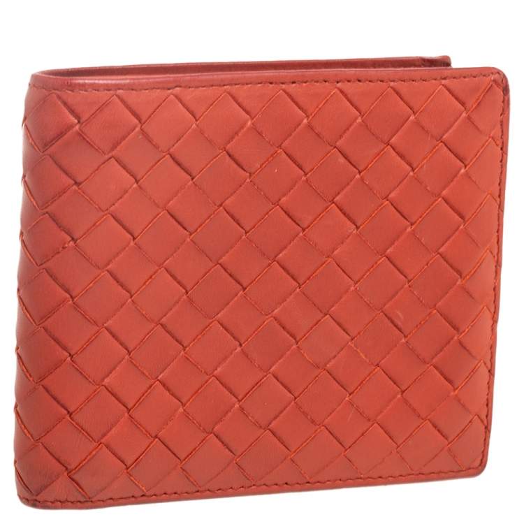Pre Owned Bottega Veneta Orange Intrecciato Leather Bifold Wallet