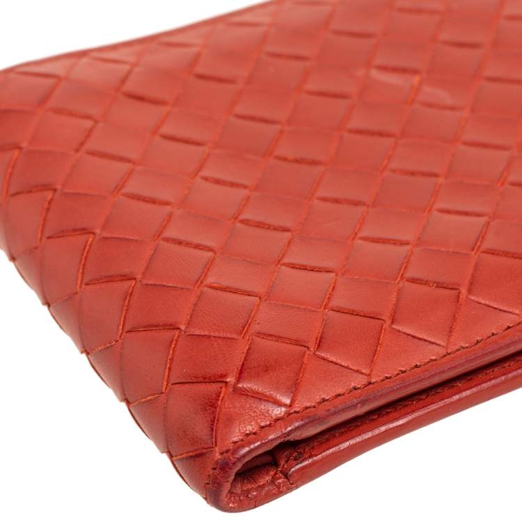 Pre Owned Bottega Veneta Orange Intrecciato Leather Bifold Wallet