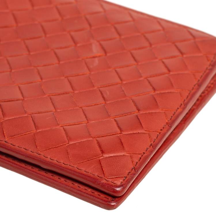 Pre Owned Bottega Veneta Orange Intrecciato Leather Bifold Wallet