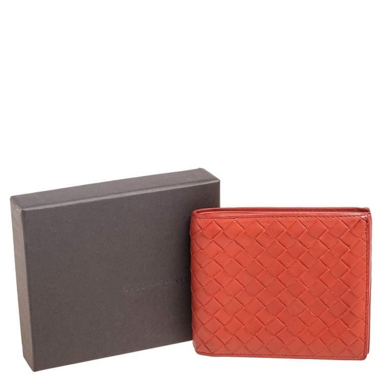 Pre Owned Bottega Veneta Orange Intrecciato Leather Bifold Wallet
