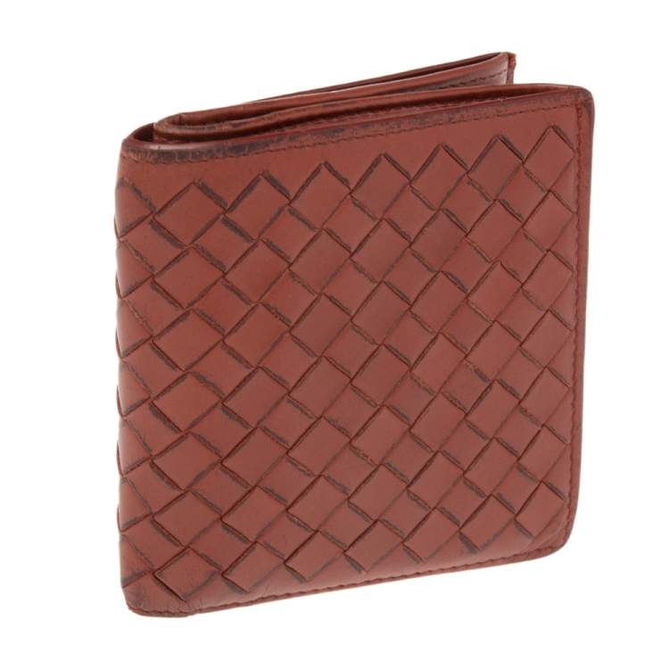 Pre Owned Bottega Veneta Brown Intreciatto Leather Bifold Compact Wallet