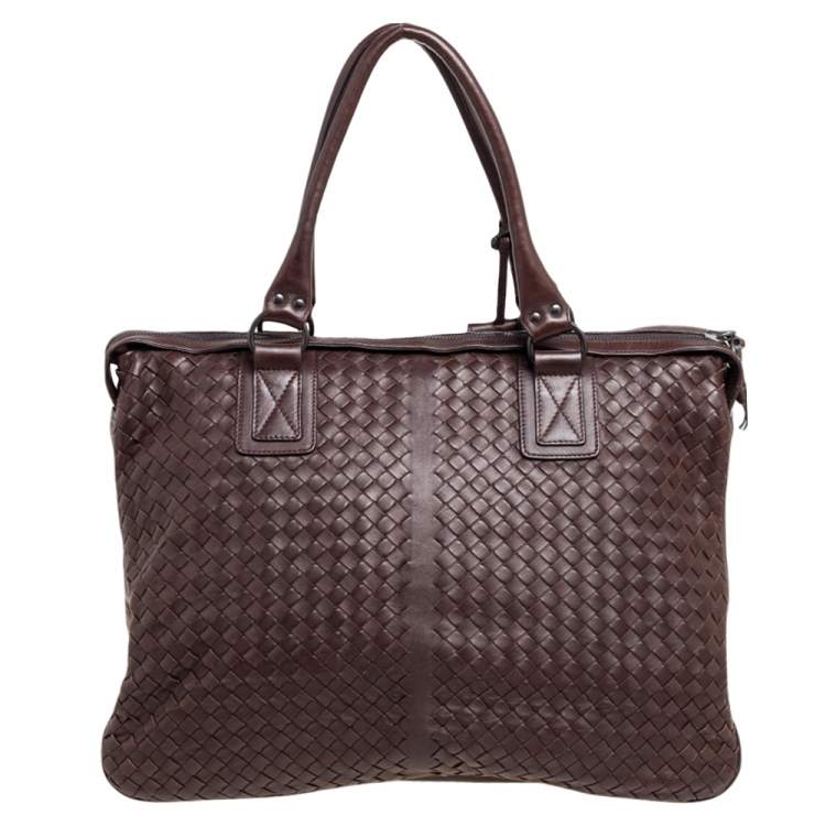 Pre Owned Bottega Veneta Dark Brown Intrecciato Leather Double Compartment Briefcase