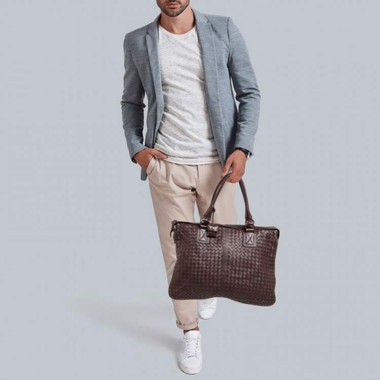Pre Owned Bottega Veneta Dark Brown Intrecciato Leather Double Compartment Briefcase