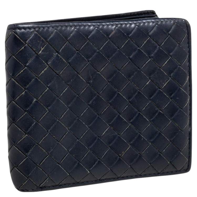 Pre Owned Bottega Veneta Dark Blue Intrecciato Leather Bifold Wallet