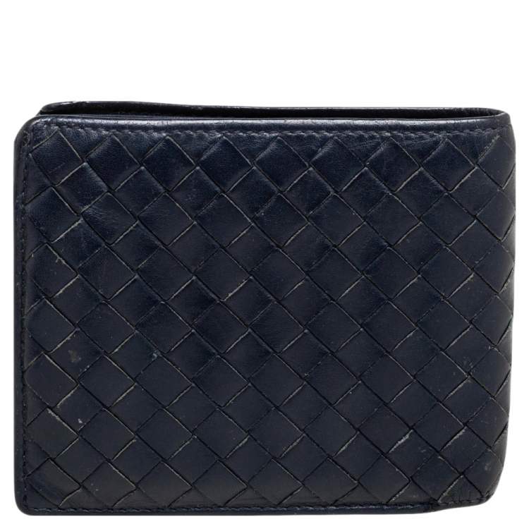 Pre Owned Bottega Veneta Dark Blue Intrecciato Leather Bifold Wallet