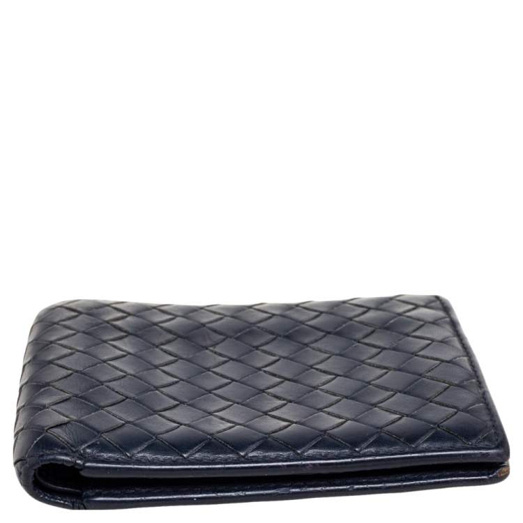 Pre Owned Bottega Veneta Dark Blue Intrecciato Leather Bifold Wallet