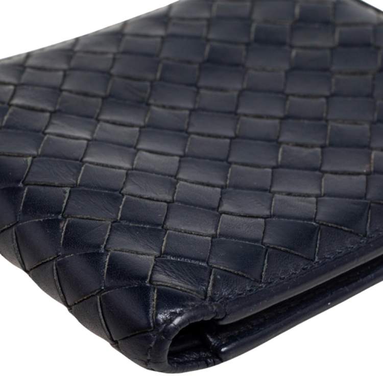 Pre Owned Bottega Veneta Dark Blue Intrecciato Leather Bifold Wallet