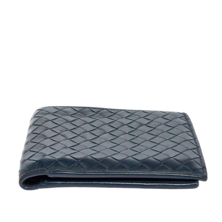 Pre Owned Bottega Veneta Blue Intrecciato Leather Bifold Compact Wallet