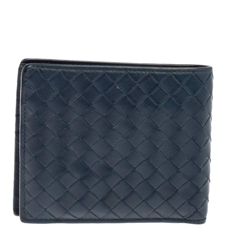 Pre Owned Bottega Veneta Blue Intrecciato Leather Bifold Compact Wallet