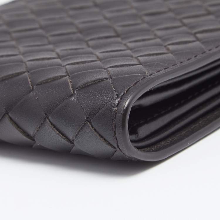 Pre Owned Bottega Veneta Dark Brown Intrecciato Leather Bifold Wallet