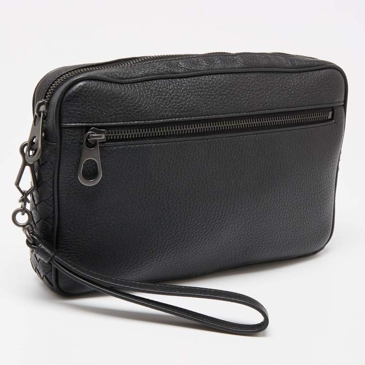 Pre Owned Bottega Veneta Black Intrecciato Leather Wristlet Pouch