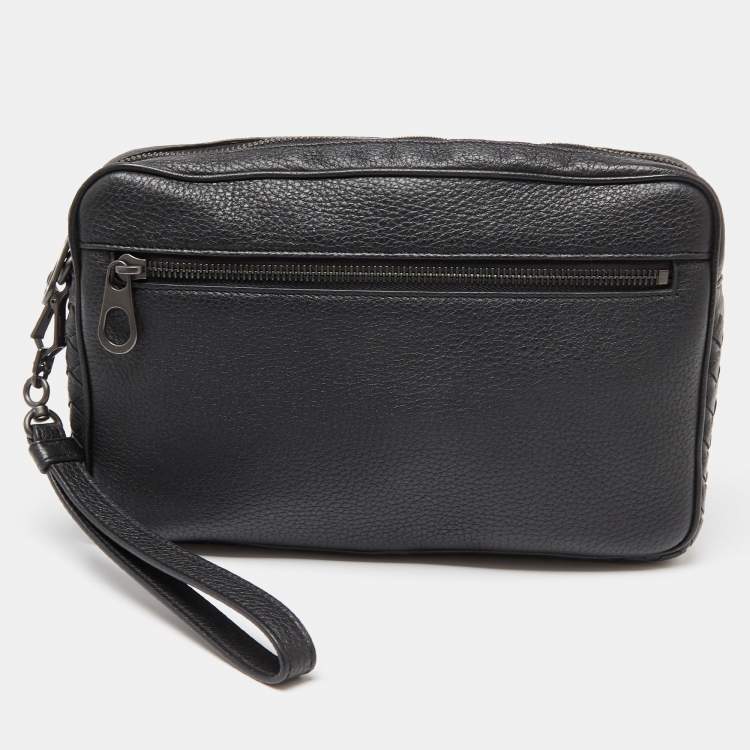 Pre Owned Bottega Veneta Black Intrecciato Leather Wristlet Pouch