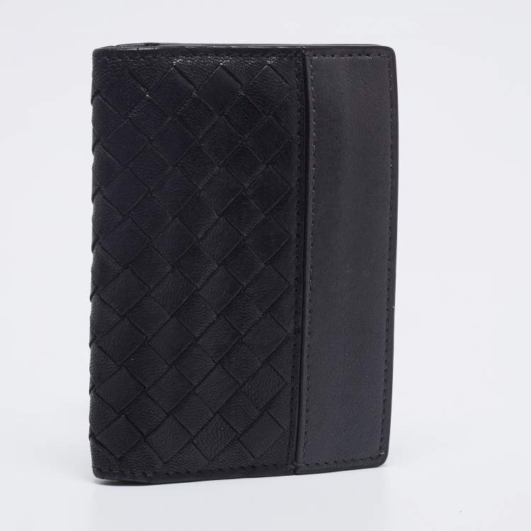 Pre Owned Bottega Veneta Black/Grey Intrecciato Leather Bifold Compact Wallet