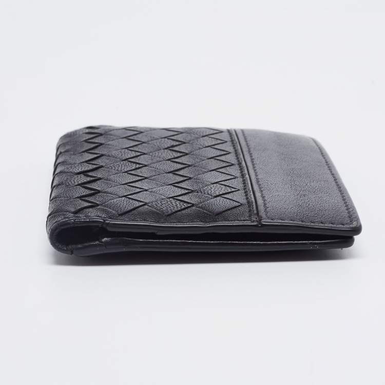 Pre Owned Bottega Veneta Black/Grey Intrecciato Leather Bifold Compact Wallet