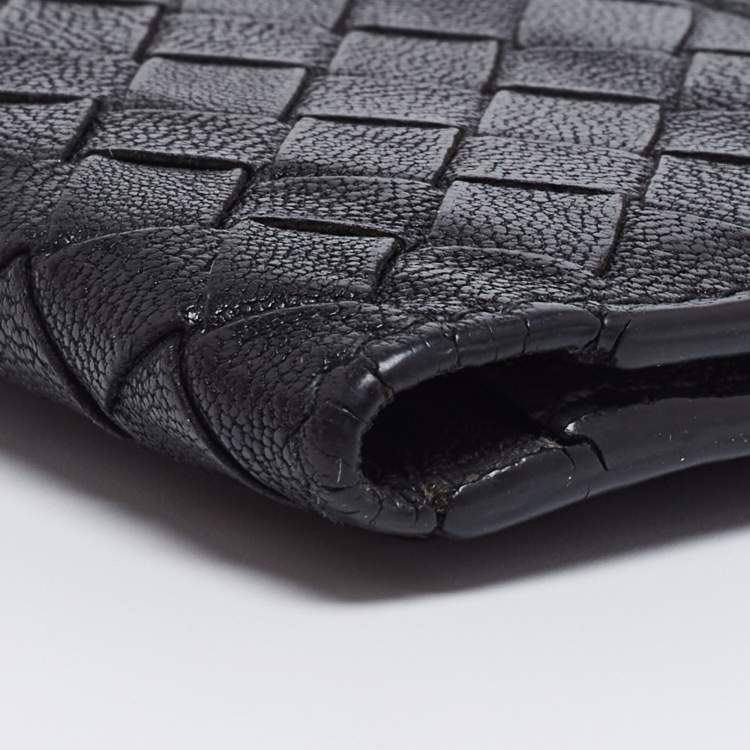 Pre Owned Bottega Veneta Black/Grey Intrecciato Leather Bifold Compact Wallet