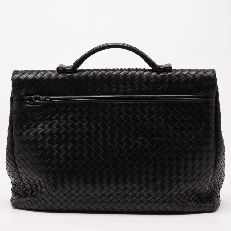 Pre Owned Bottega Veneta Black Intrecciato Leather Envelope Flap Briefcase