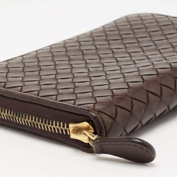 Pre Owned Bottega Veneta Dark Brown Intrecciato Leather Zip Around Wallet Organizer
