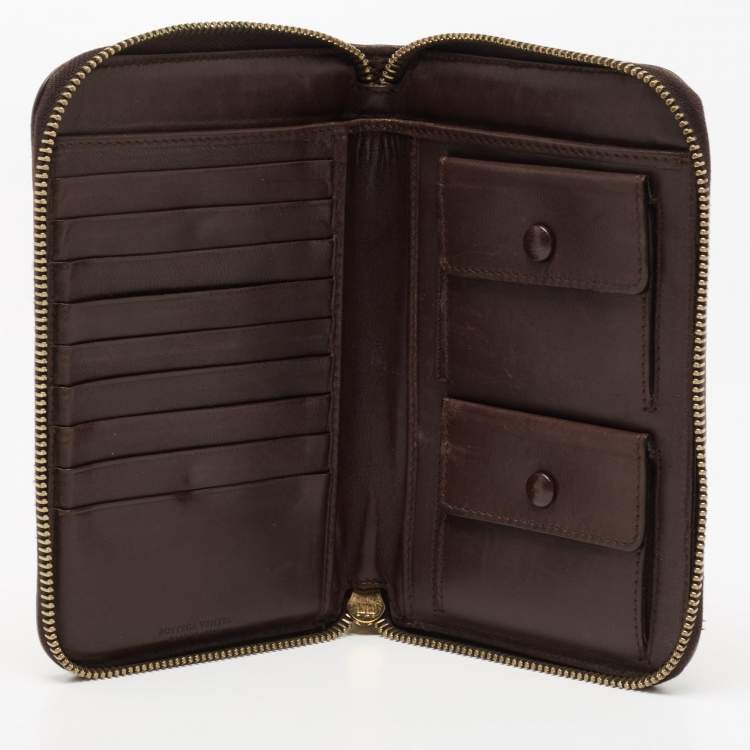 Pre Owned Bottega Veneta Dark Brown Intrecciato Leather Zip Around Wallet Organizer