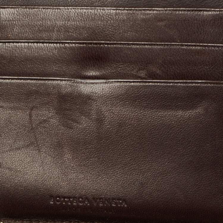Pre Owned Bottega Veneta Dark Brown Intrecciato Leather Zip Around Wallet Organizer
