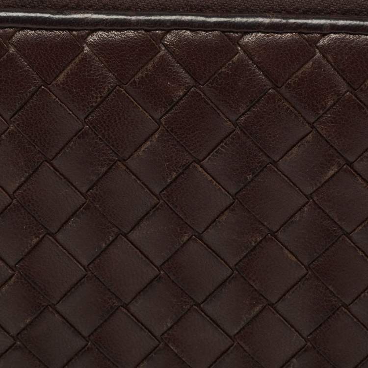 Pre Owned Bottega Veneta Dark Brown Intrecciato Leather Zip Around Wallet Organizer