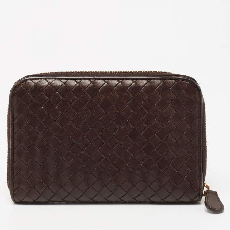 Pre Owned Bottega Veneta Dark Brown Intrecciato Leather Zip Around Wallet Organizer