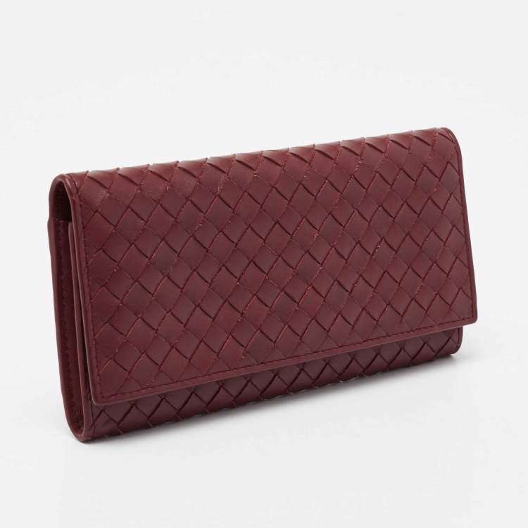Pre Owned Bottega Veneta Burgundy Intrecciato Leather Flap Continental Wallet