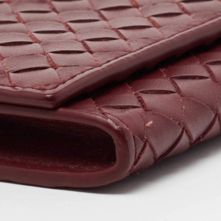Pre Owned Bottega Veneta Burgundy Intrecciato Leather Flap Continental Wallet