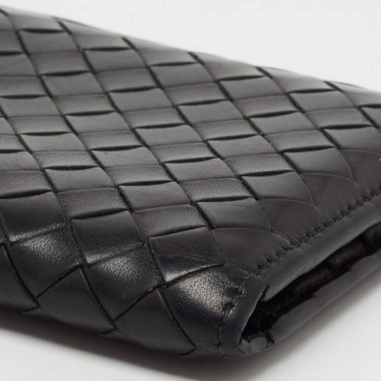 Pre Owned Bottega Veneta Black Intreciatto Leather Bifold Compact Wallet