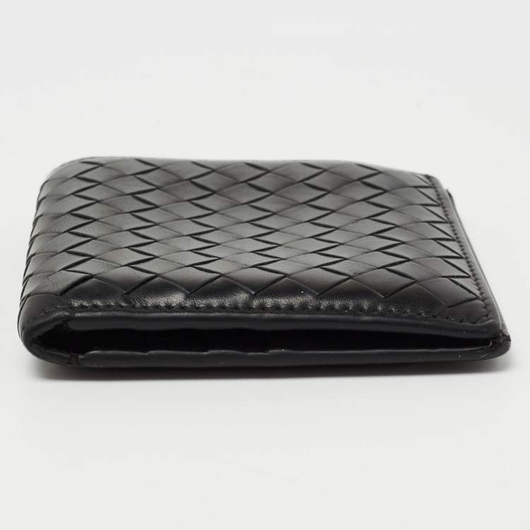 Pre Owned Bottega Veneta Black Intreciatto Leather Bifold Compact Wallet