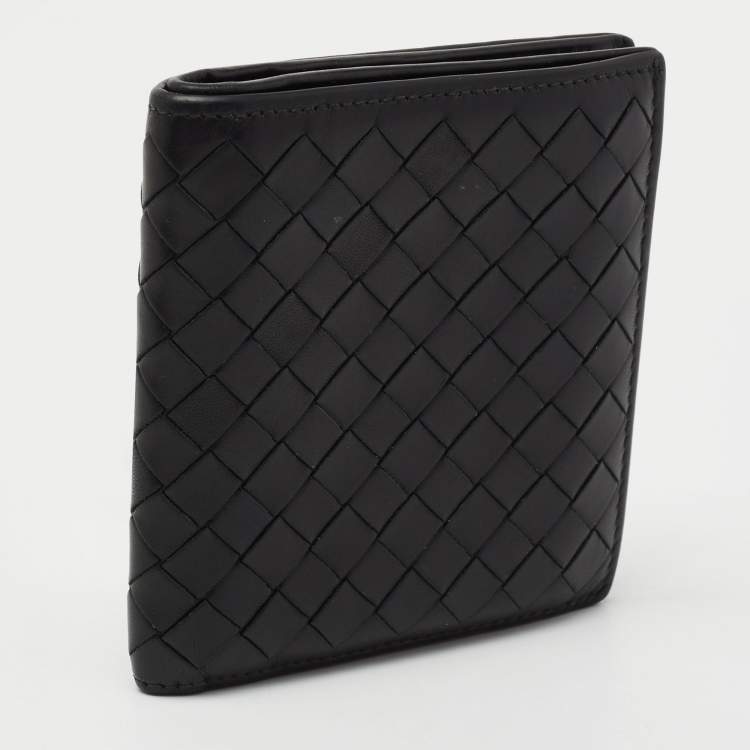 Pre Owned Bottega Veneta Black Intreciatto Leather Bifold Compact Wallet
