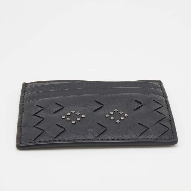 Pre Owned Bottega Veneta Black Intrecciato Leather Studded Card Holder