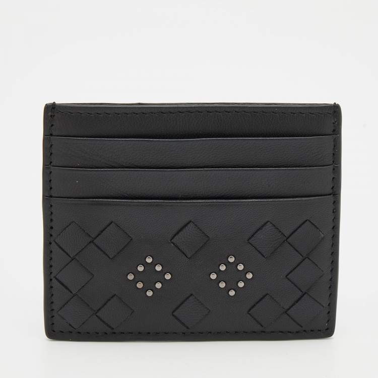 Pre Owned Bottega Veneta Black Intrecciato Leather Studded Card Holder